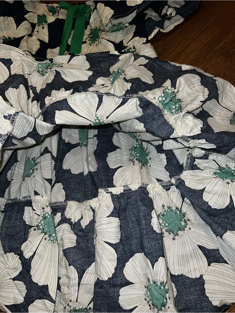 Umgee Navy Floral Green Ribbon Boho Smocked Short Puff Sleeve Mini Dress Size S - Picture 8 of 11